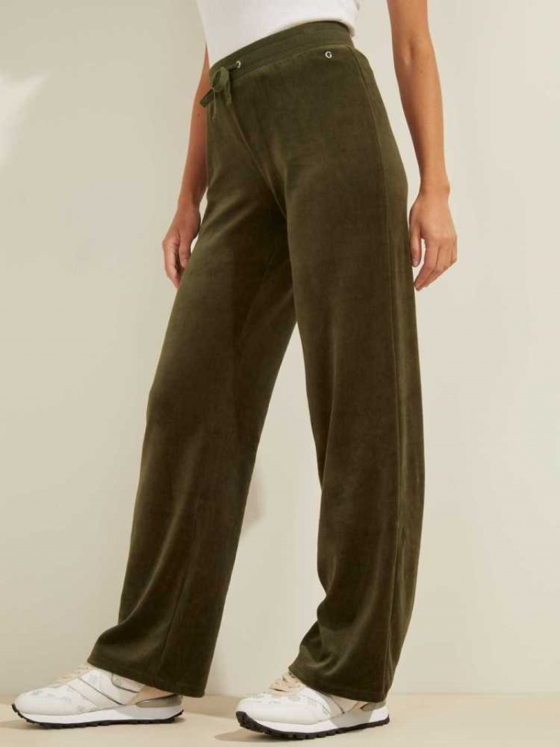 Pantalon Guess Velour Logo Femme Vert | 71346-JQCB