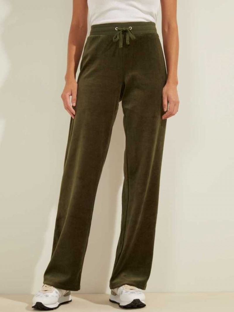 Pantalon Guess Velour Logo Femme Vert | 71346-JQCB