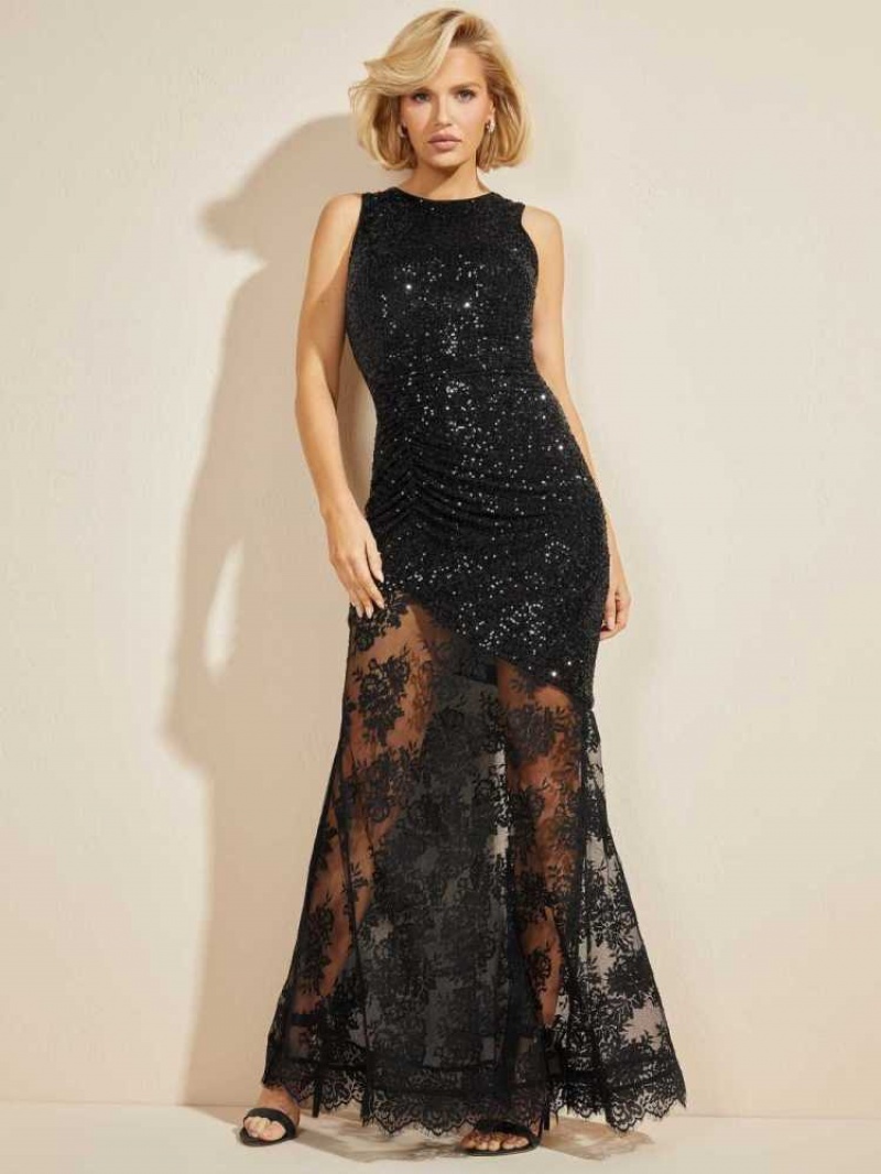 Peignoir Guess Amber Sequin and Dentelle Gown Femme Noir | 06751-BVWY