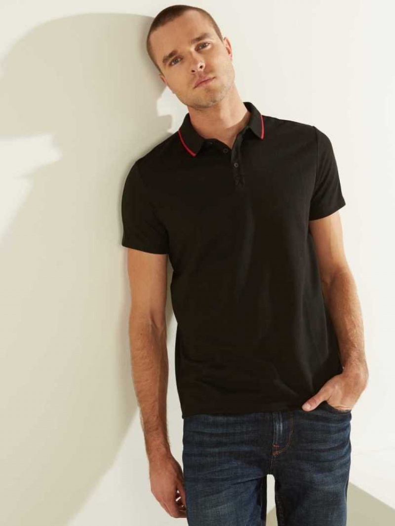 Polos Guess Pique Logo-Taping Homme Noir | 31642-IYMX