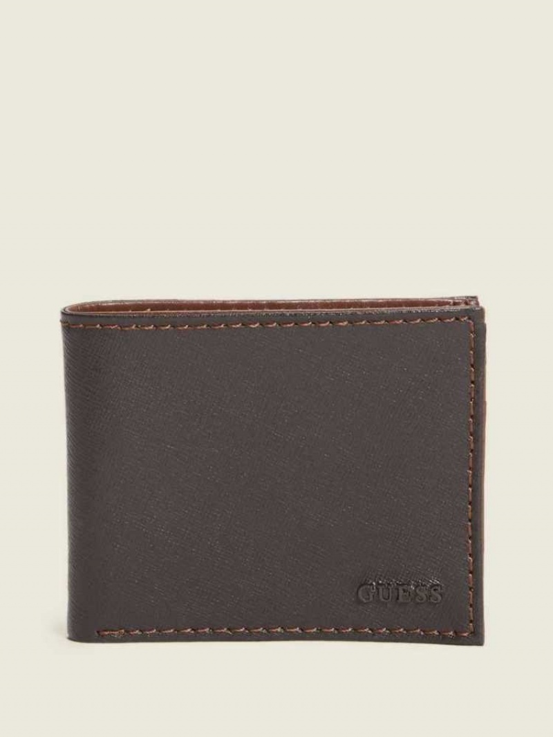 Portefeuilles Guess Contrast Stitch Slimfold Homme Marron | 64017-FWMB