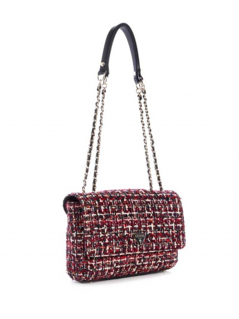 Sac Crossbody Guess Cessily Tweed Convertible Femme Rouge Multicolore | 26819-OHWS