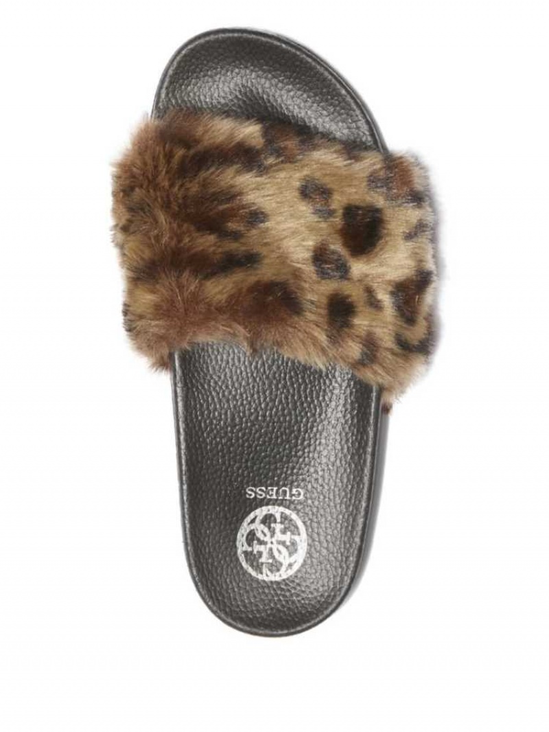 Sandales À Glissière Guess Buffie Leopard Faux-Fur Claquette Femme Marron | 74605-XYGF