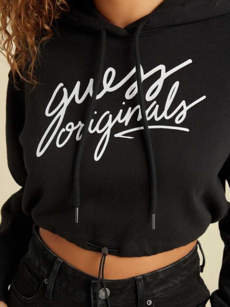 Sweat a Capuche Guess Originale Cropped Femme Noir | 56394-JDMS