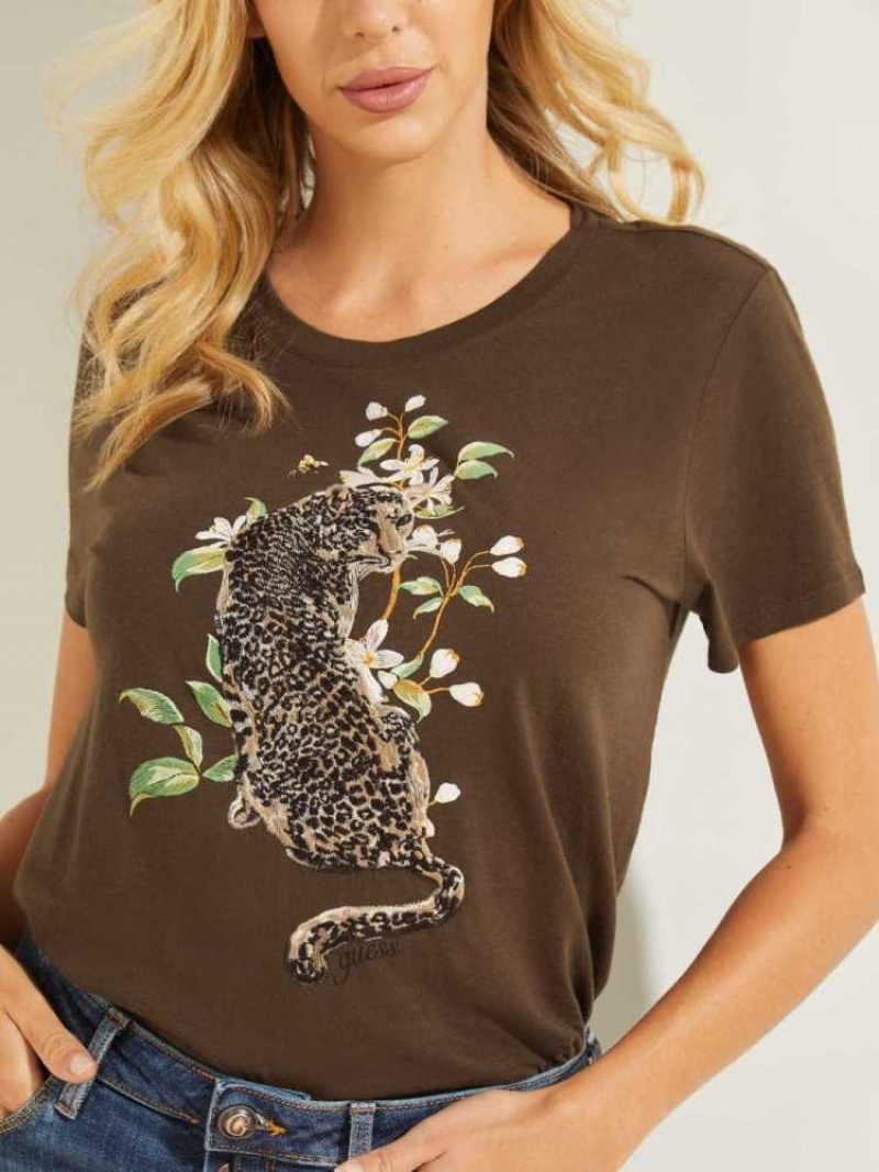 T Shirts Guess Cheetah Bloom Easy Femme Cafe | 98147-SAGO