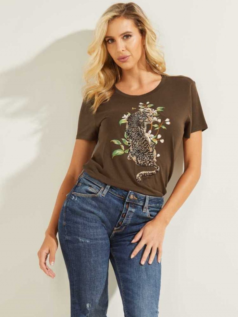 T Shirts Guess Cheetah Bloom Easy Femme Cafe | 98147-SAGO