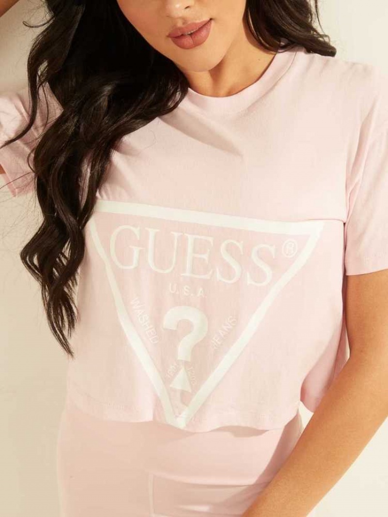 T Shirts Guess Cropped Logo Femme Lavage Rose | 41762-SOBZ