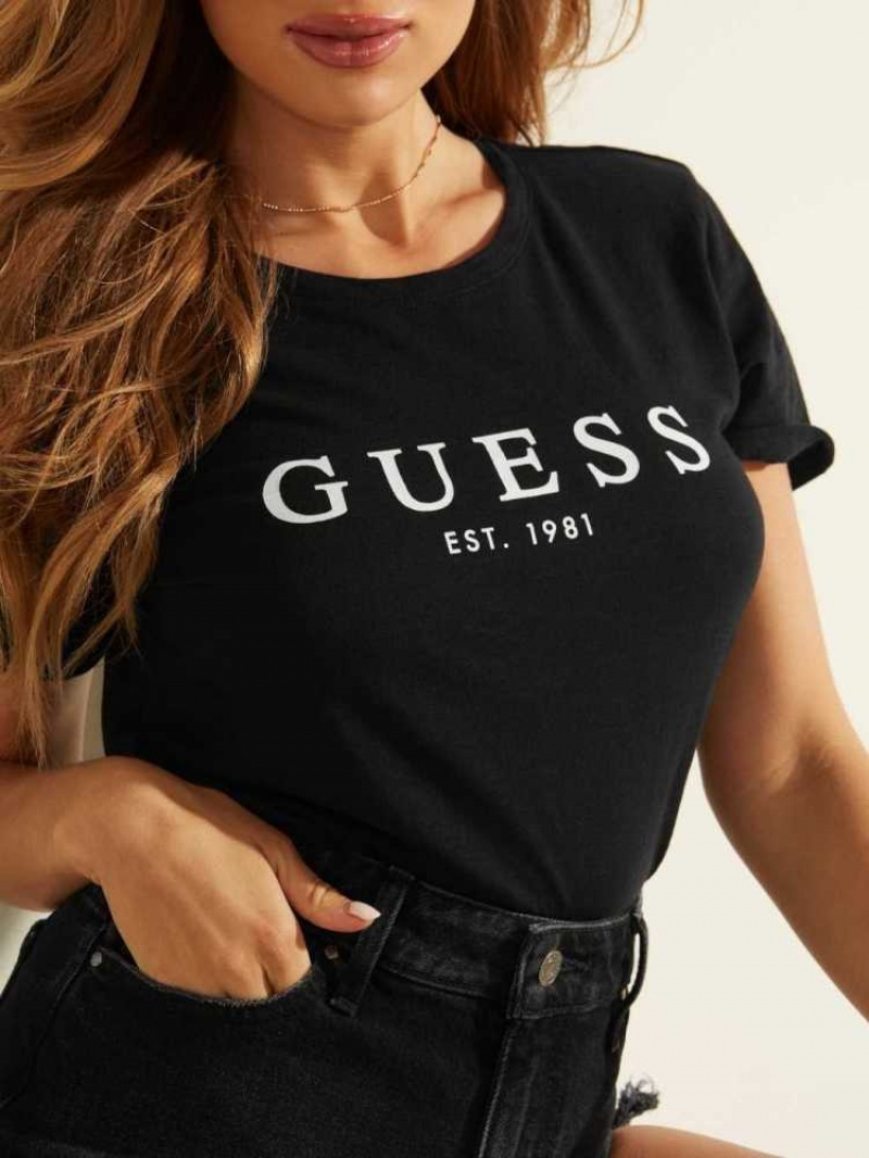 T Shirts Guess Eco 1981 Rolled Cuff Logo Femme Noir | 80917-SZBP