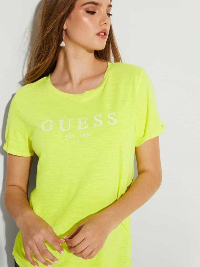 T Shirts Guess Eco 1981 Rolled Cuff Logo Femme Jaune Multicolore | 36275-OWYE