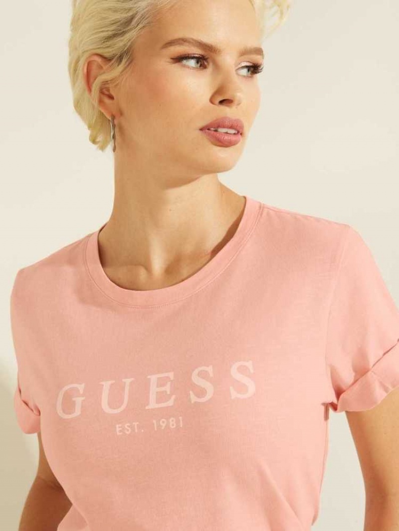 T Shirts Guess Eco 1981 Rolled Cuff Logo Femme Rose | 41630-PCVI