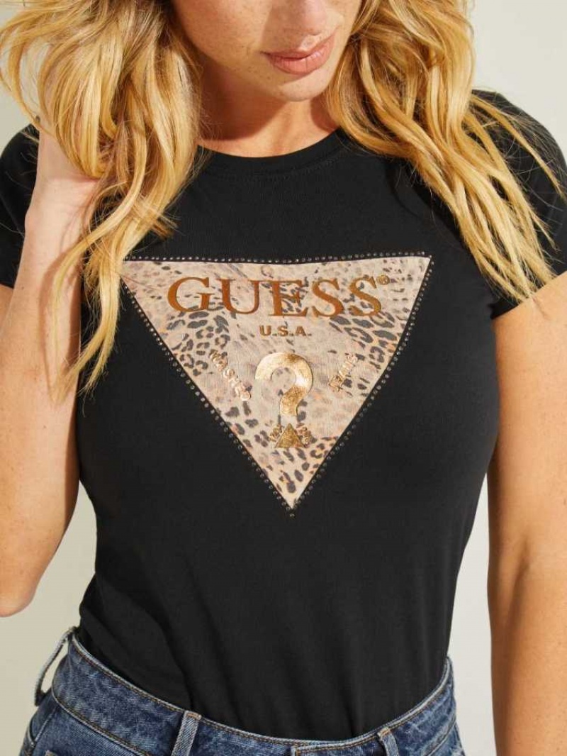 T Shirts Guess Eco Ghost Leopard Logo Femme Noir | 52018-TQDC