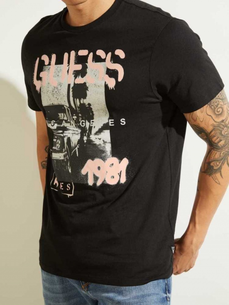 T Shirts Guess Eco LA Scenic Homme Noir | 80425-TUSO