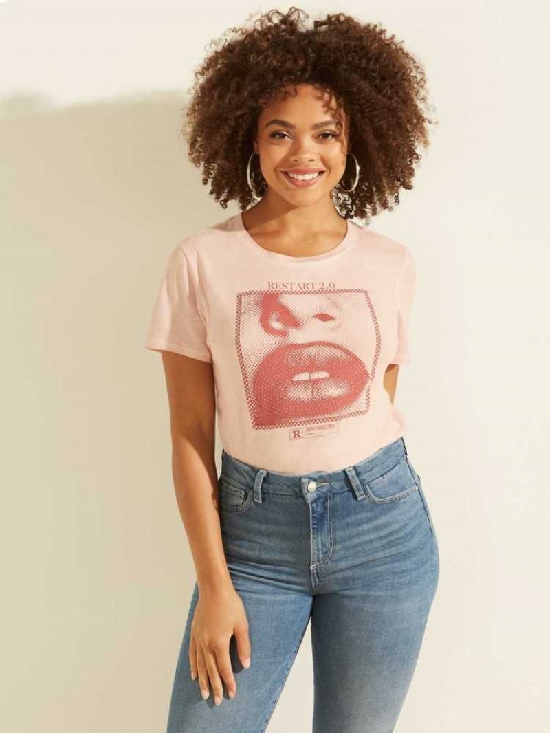 T Shirts Guess Eco Pixel Lips Easy Femme Rose Multicolore | 53684-KBVG