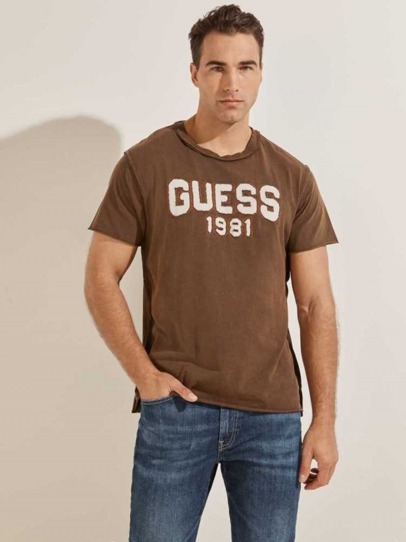 T Shirts Guess Eco Raw Patchwork Logo Homme Chocolat Marron | 96238-LTBC