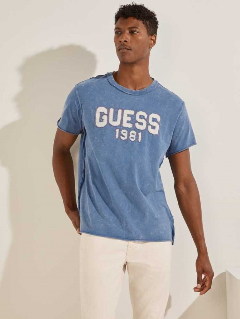 T Shirts Guess Eco Raw Patchwork Logo Homme Bleu | 49732-GVIK