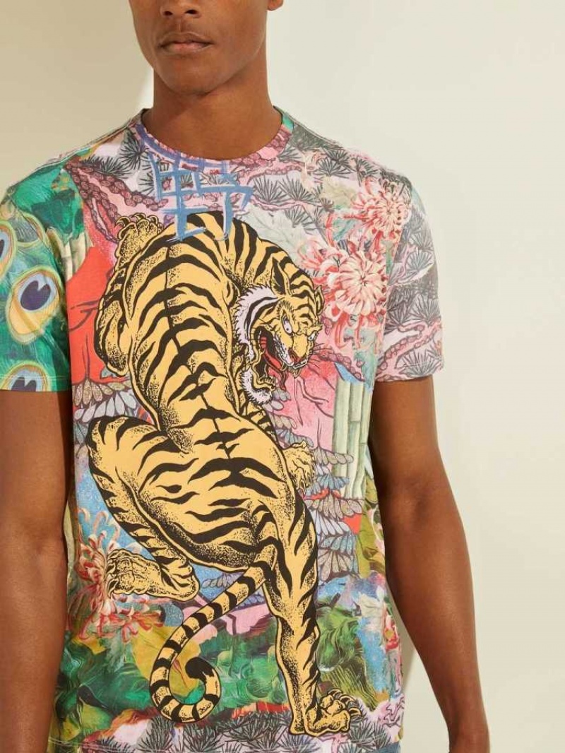 T Shirts Guess Eco Tiger Graphique Homme Blanche | 63870-LHAZ