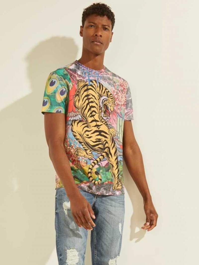 T Shirts Guess Eco Tiger Graphique Homme Blanche | 63870-LHAZ