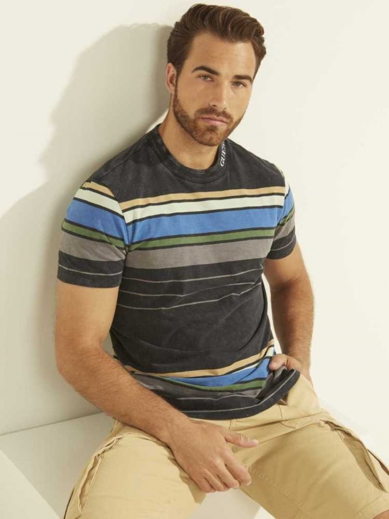 T Shirts Guess Eli Acid Wash Stripe Homme Bleu Marine | 21983-HJOR