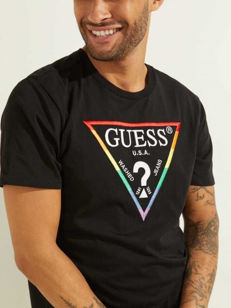 T Shirts Guess Embroidered Rainbow Logo Homme Noir | 72801-XEIN