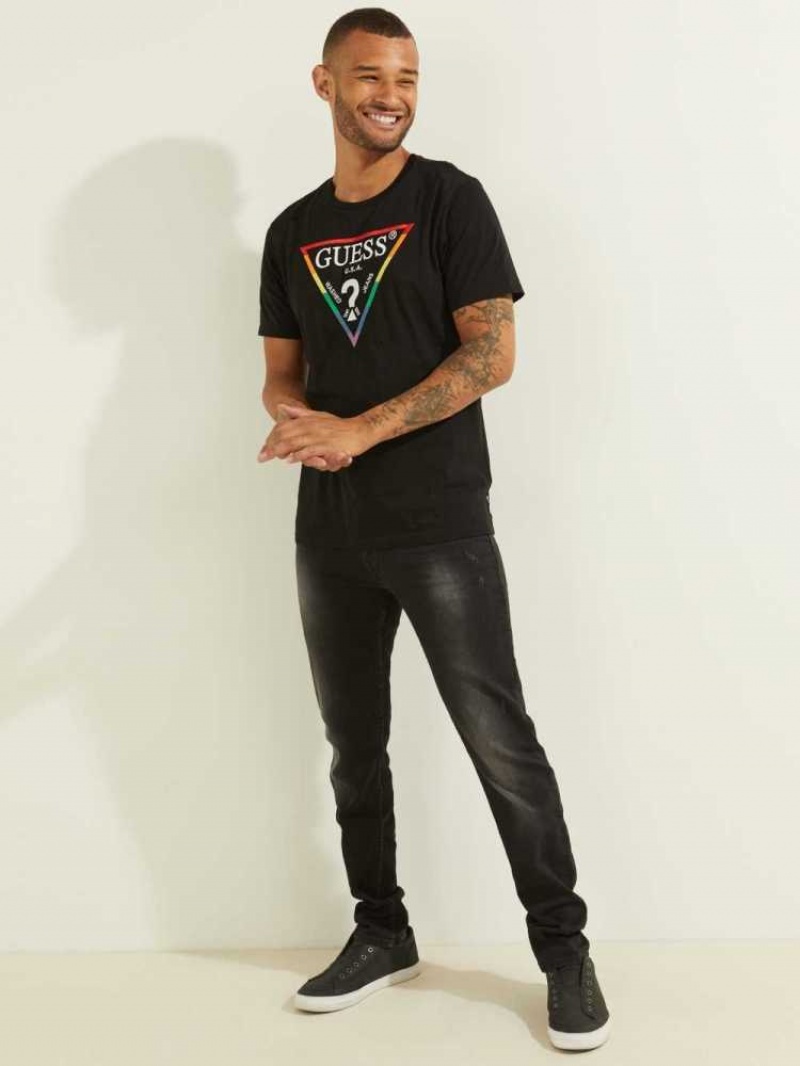 T Shirts Guess Embroidered Rainbow Logo Homme Noir | 72801-XEIN