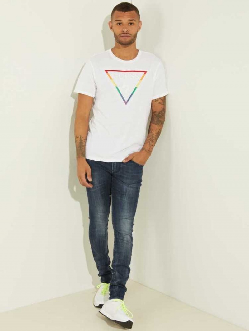 T Shirts Guess Embroidered Rainbow Logo Homme Blanche Multicolore | 26154-CGZF