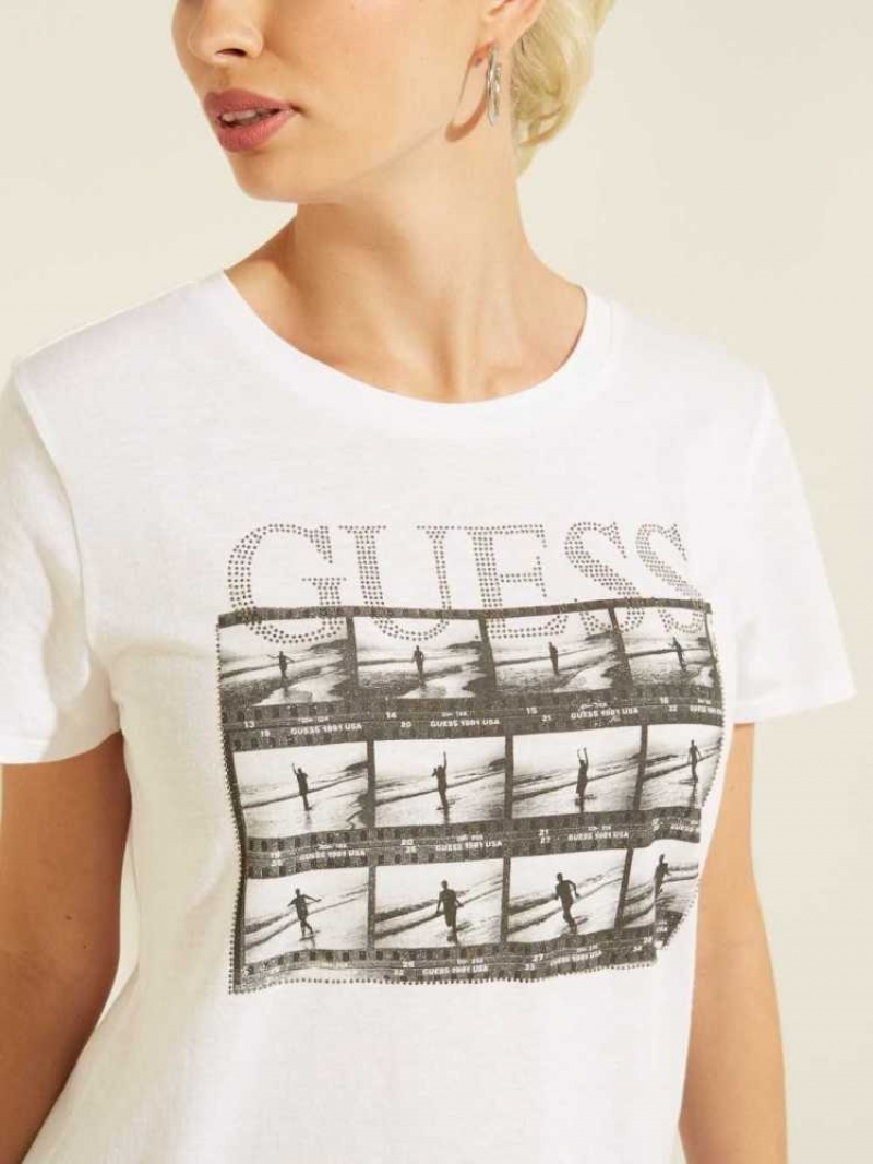 T Shirts Guess Film Roll Easy Femme Blanche | 70593-TKNB