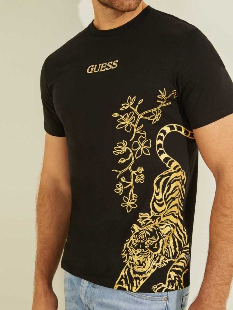 T Shirts Guess Gold Tiger Homme Noir | 14690-QXSP