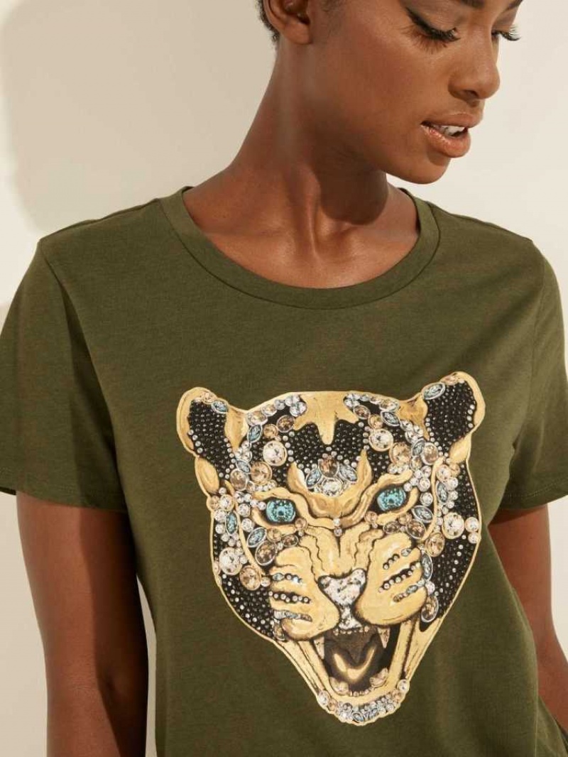 T Shirts Guess Leopard Bling Femme Vert | 91678-VFDN