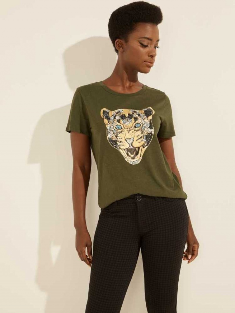 T Shirts Guess Leopard Bling Femme Vert | 91678-VFDN