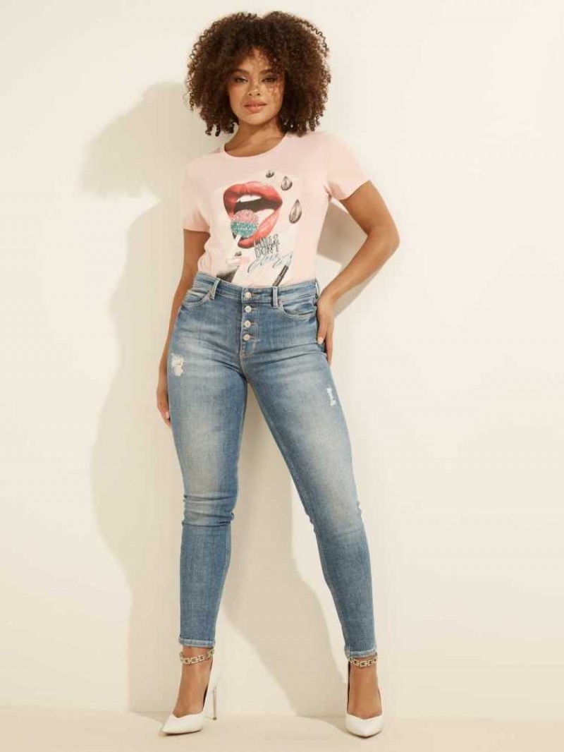 T Shirts Guess Lip Glitter Pop Easy Femme Rose | 20198-IRUA