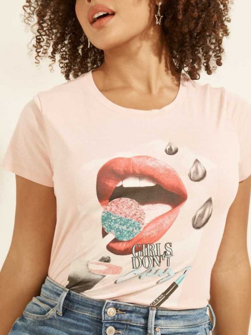 T Shirts Guess Lip Glitter Pop Easy Femme Rose | 20198-IRUA