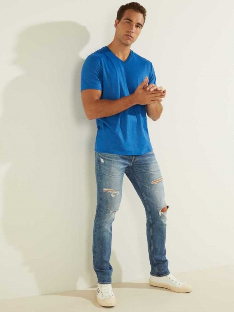 T Shirts Guess Mason Yoke V-Neck Homme Bleu | 20359-BVHA