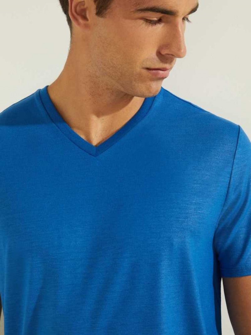 T Shirts Guess Mason Yoke V-Neck Homme Bleu | 20359-BVHA