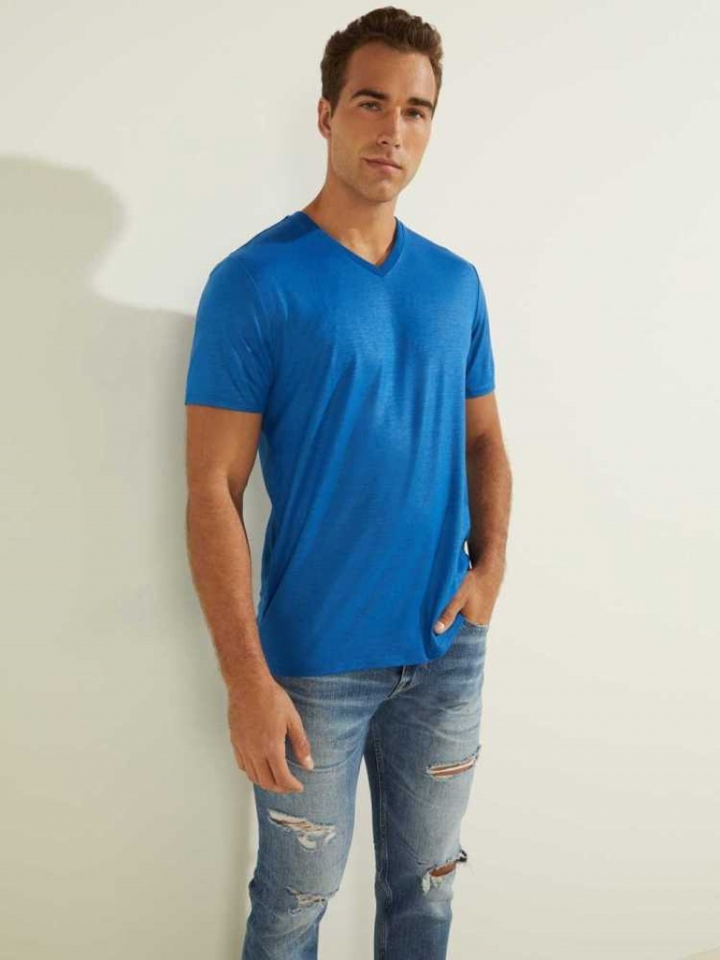 T Shirts Guess Mason Yoke V-Neck Homme Bleu | 20359-BVHA