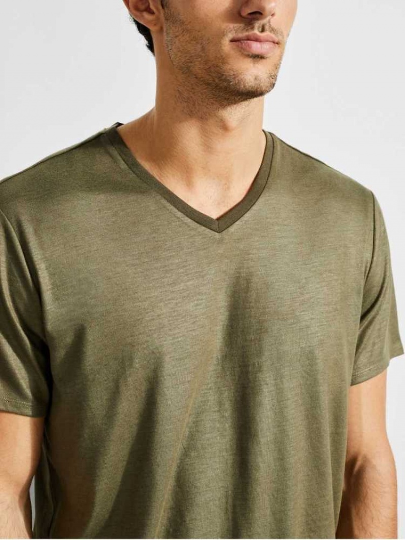 T Shirts Guess Mason Yoke V-Neck Homme Vert Olive | 23158-FROS