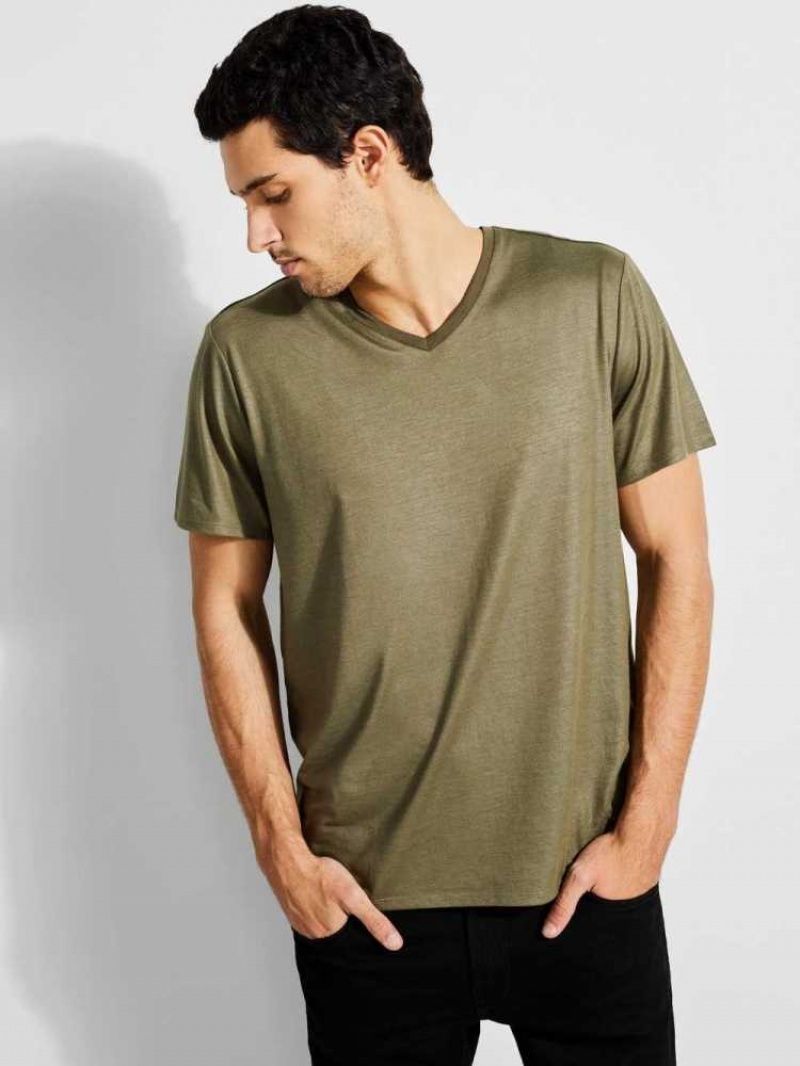 T Shirts Guess Mason Yoke V-Neck Homme Vert Olive | 23158-FROS