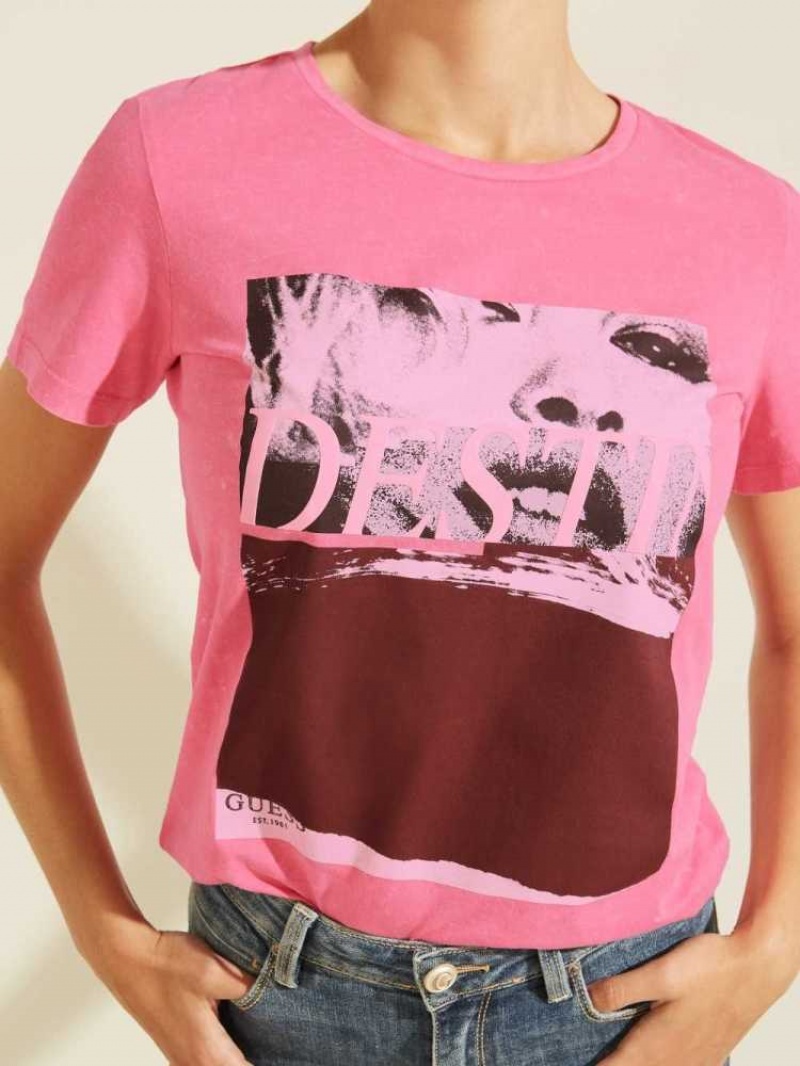 T Shirts Guess Olaria Graphique Femme Rose | 14360-XWMA