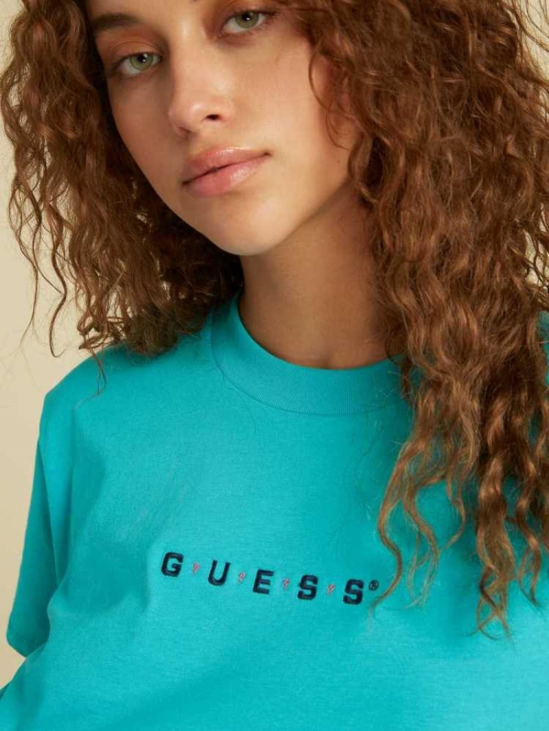 T Shirts Guess Originale Logo Crop Femme Bleu | 06274-SBXH