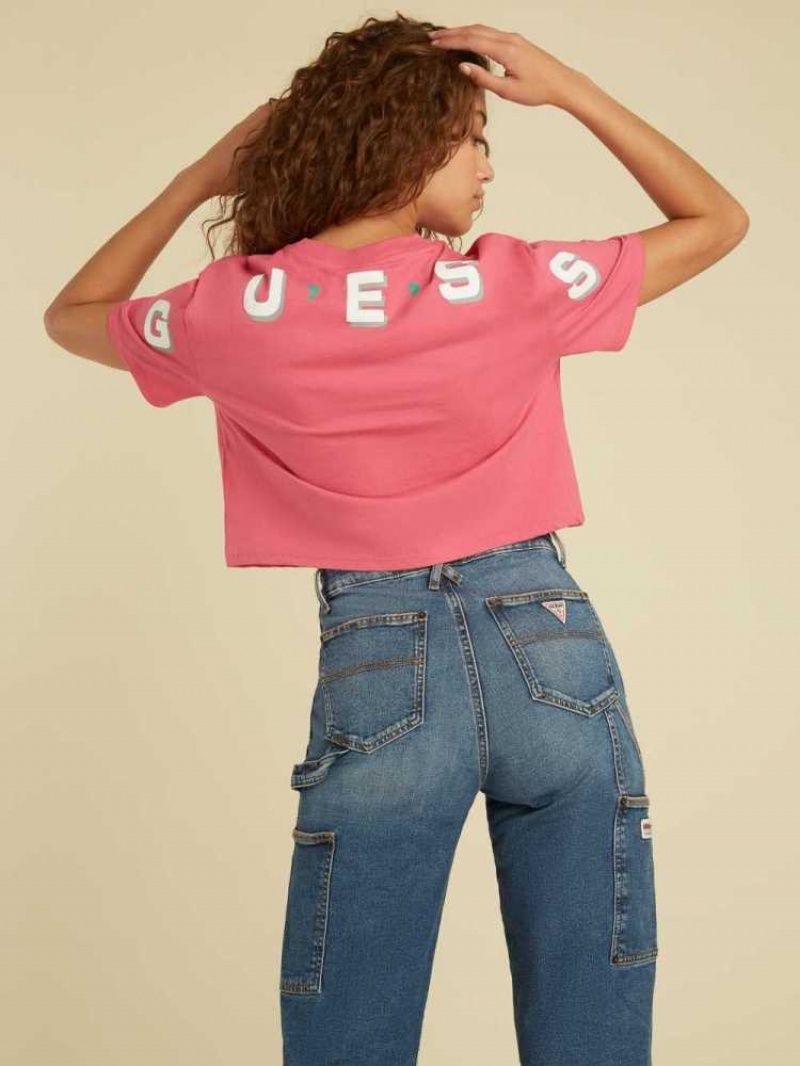 T Shirts Guess Originale Logo Crop Femme Rouge Rose | 15098-YTCH