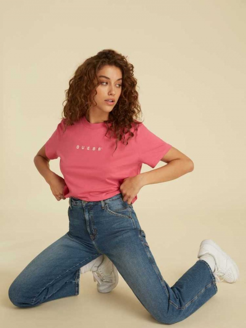 T Shirts Guess Originale Logo Crop Femme Rouge Rose | 15098-YTCH