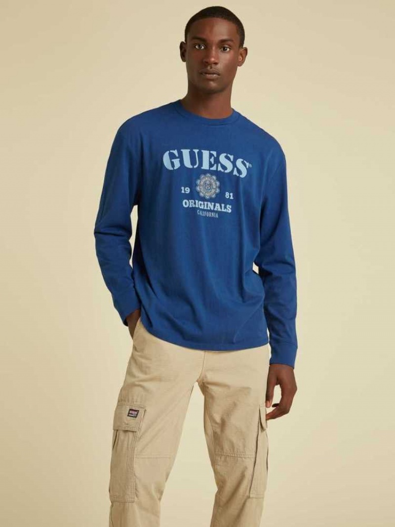 T Shirts Guess Originale Logo Long Sleeve Homme Bleu | 09473-MZAI