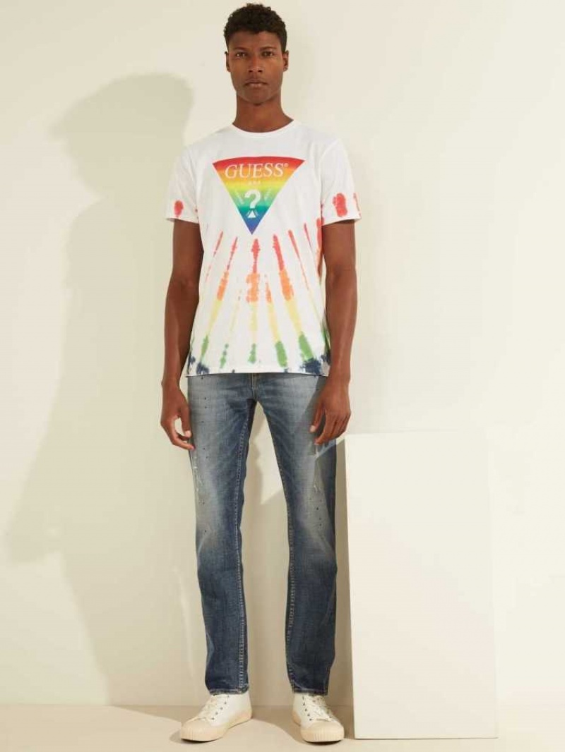 T Shirts Guess Rainbow Logo Tie-Dye Homme Blanche Multicolore | 83472-VPFN