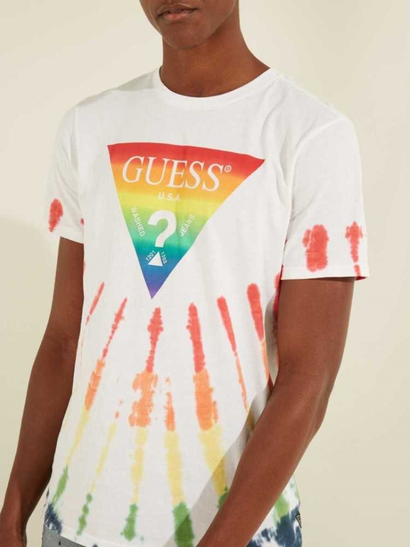 T Shirts Guess Rainbow Logo Tie-Dye Homme Blanche Multicolore | 83472-VPFN