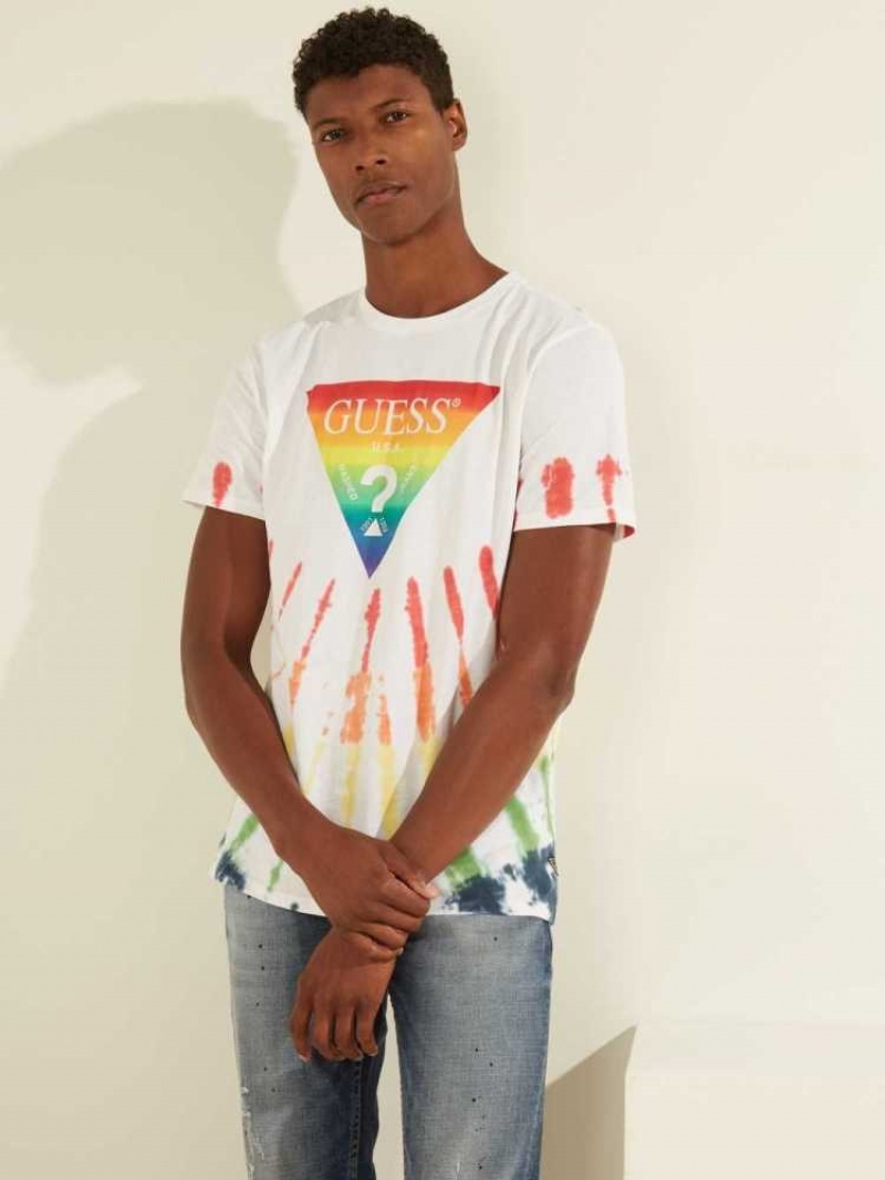 T Shirts Guess Rainbow Logo Tie-Dye Homme Blanche Multicolore | 83472-VPFN