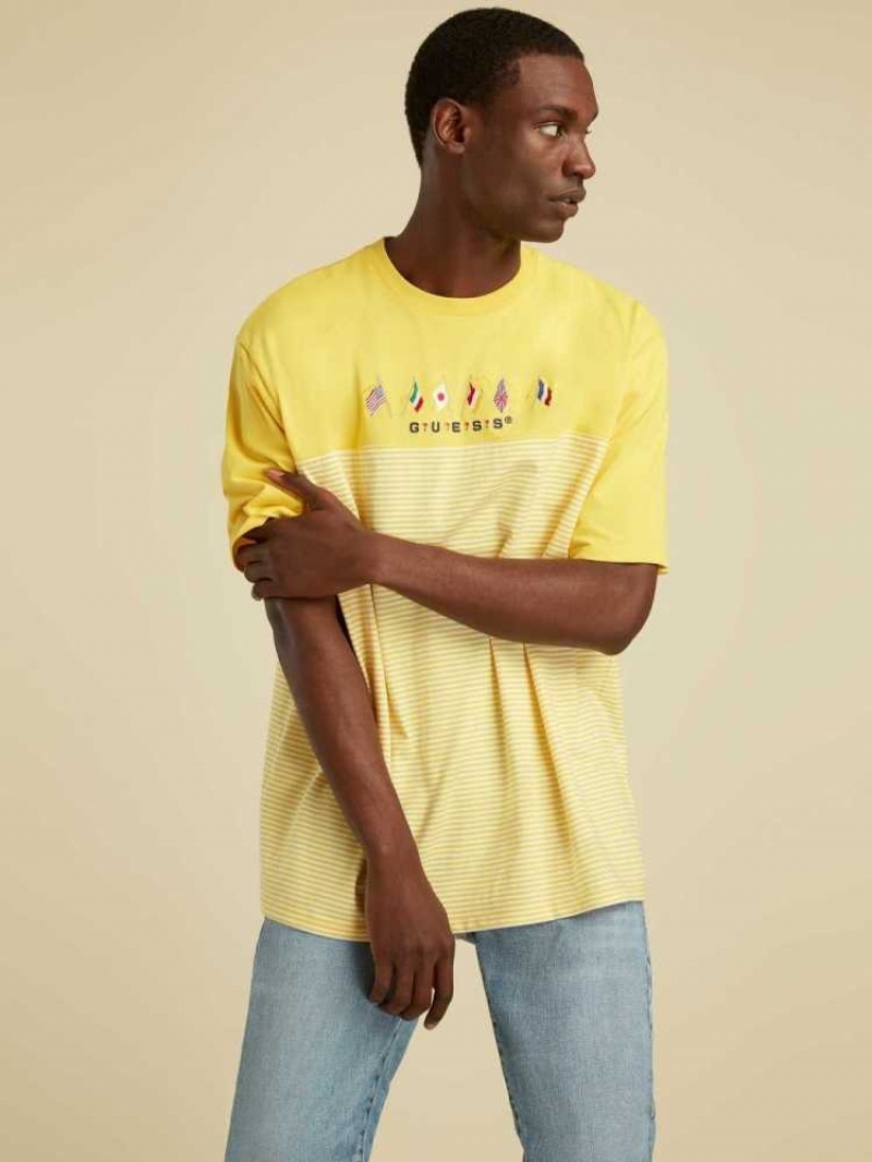 T Shirts Guess Rayé Summer Games Homme Jaune | 75308-QKVU