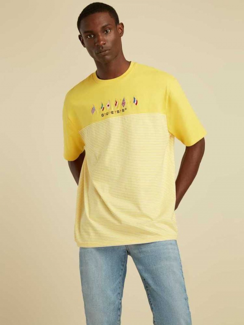 T Shirts Guess Rayé Summer Games Homme Jaune | 75308-QKVU