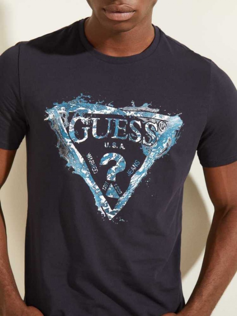 T Shirts Guess Splash Homme Bleu Foncé | 20485-TDMV