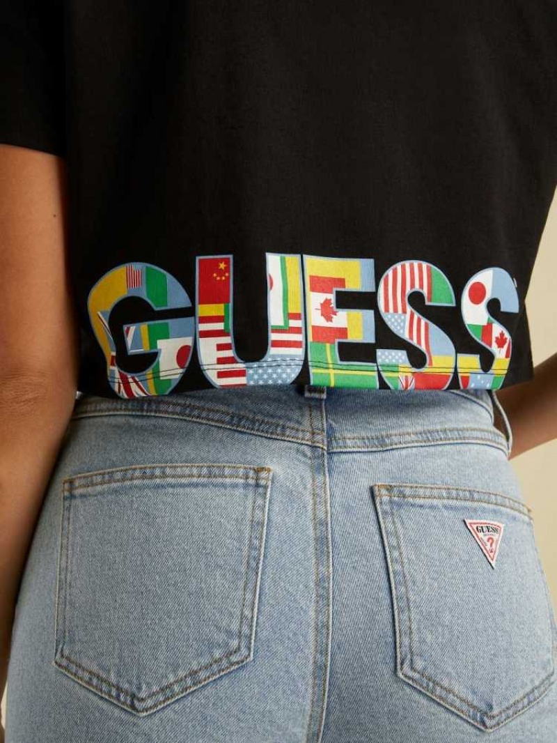 T Shirts Guess Summer Games Crop Femme Noir | 16093-FYBL