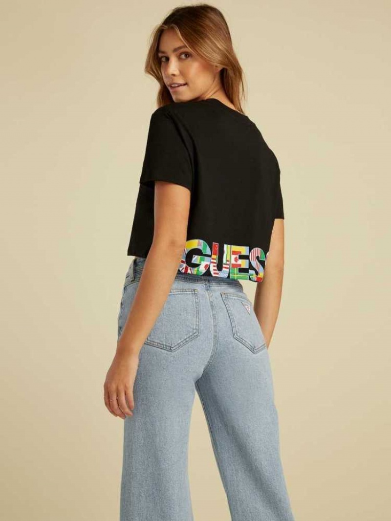 T Shirts Guess Summer Games Crop Femme Noir | 16093-FYBL