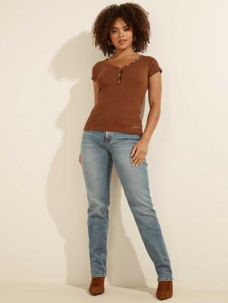 T Shirts Guess V-Neck Henley Femme Marron | 14095-LEYZ